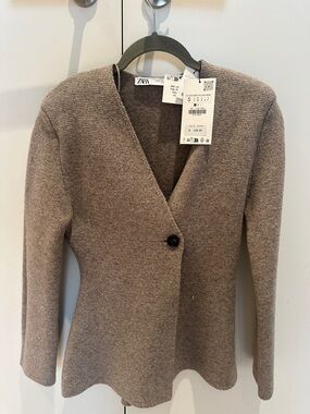 Zara Taupe Knit Single-Button Blazer